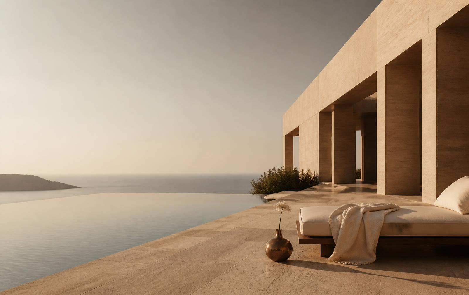 Travertine terrace and sculptural pool at golden hour