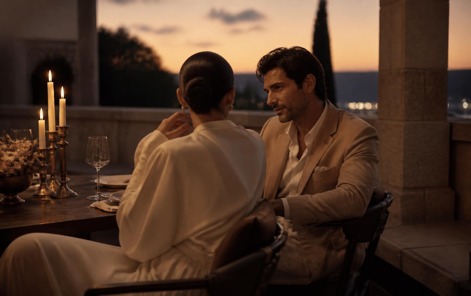 Candlelit dinner terrace at dusk