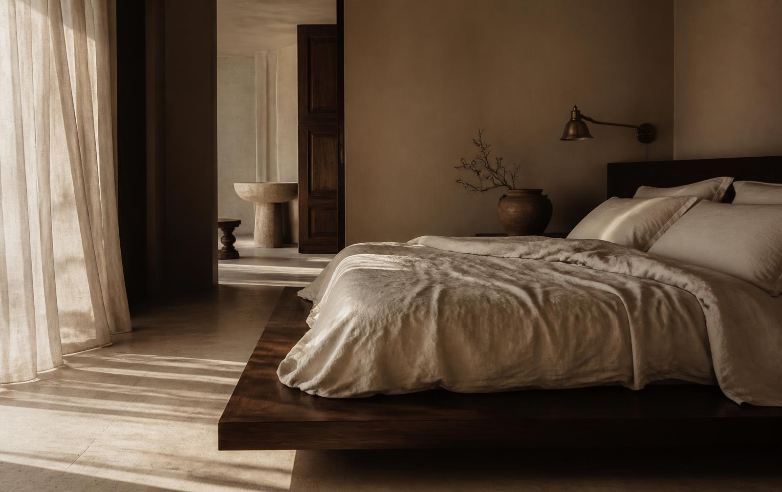 Morning light across ivory linen bedding
